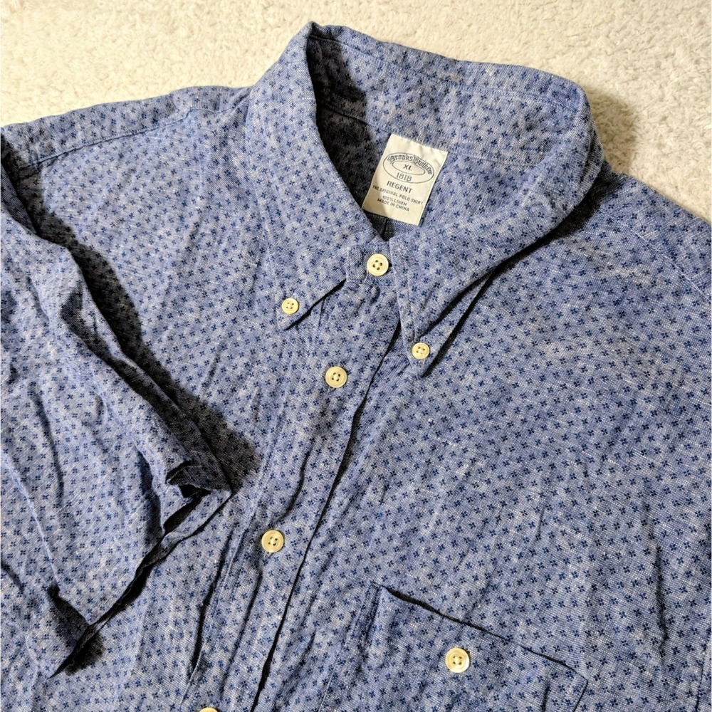 Brooks Brothers Button Down Shirt Mens XL Blue 100% Linen Regent Short Sleeve